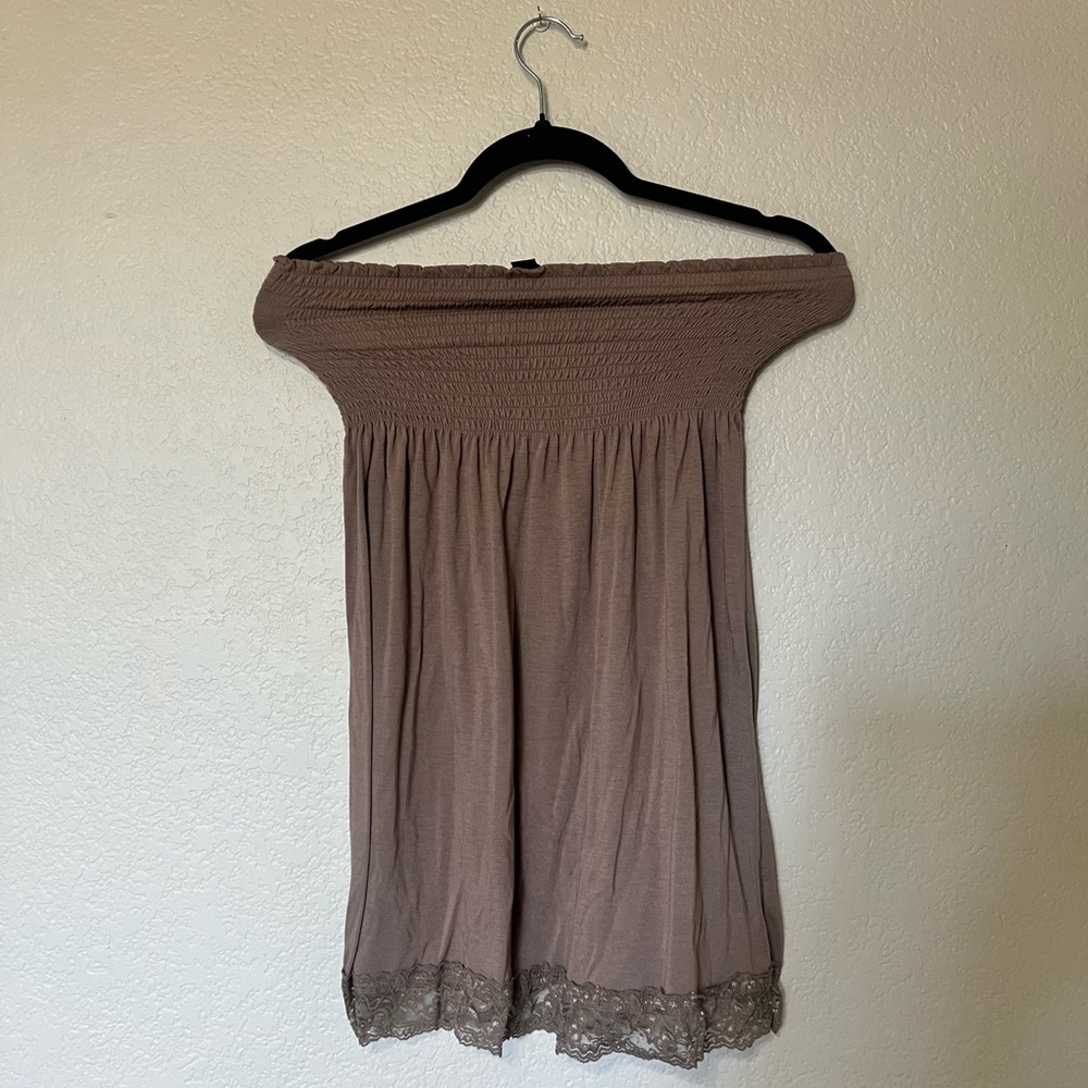 Taupe Strapless Mini Dress w/ Lace Trim | Flowy Casual Sundress | Size S